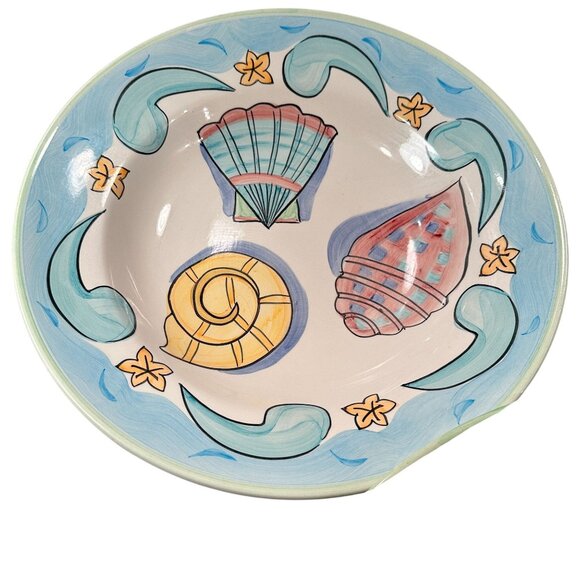 Bella Delray Nautical Seashell Salute Ceramic Platter Bowls Coastal Aqua Trim - Picture 3 of 16